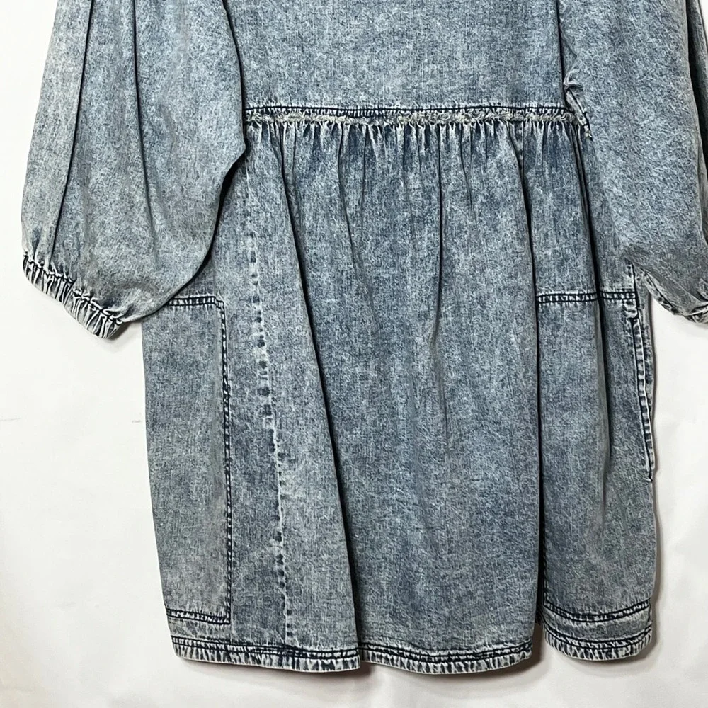 Free People Acid Wash Denim Babydoll Mini Dress Blue Balloon Sleeve Large